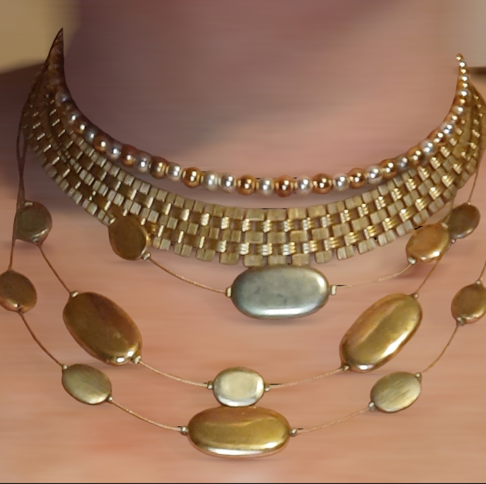 3 goldtone & two tone metal Illusion necklaces vintage Beaded Choker Station